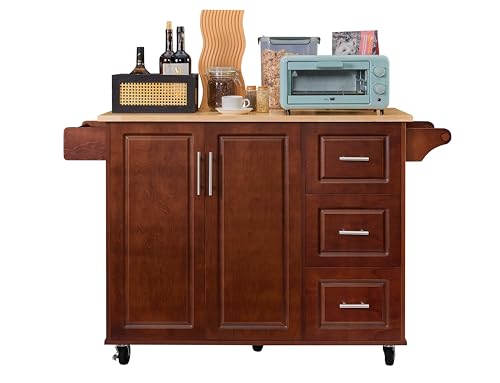 Kitchen Island with Drop Leaf Countertop, Rolling Kitchen Island Cart, Barn Door Kitchen Island Table with Storage Cabinet and Tower Rack, Island Table On Wheels for Kitchen (Brown)