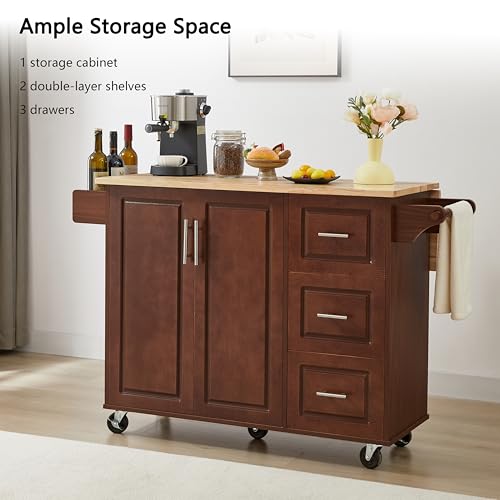 Kitchen Island with Drop Leaf Countertop, Rolling Kitchen Island Cart, Barn Door Kitchen Island Table with Storage Cabinet and Tower Rack, Island Table On Wheels for Kitchen (Brown)