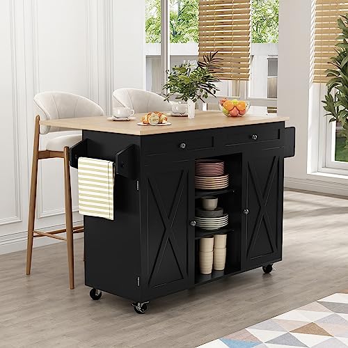 HLR Kitchen Island On Wheels, Black Rolling Kitchen Island Cart with Drop Leaf Countertop, Barn Door Kitchen Islands Table with Storage Cabinet and Tower Rack, Island Table for Kitchen