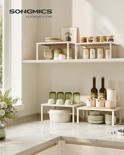 SONGMICS Spice Racks, Set of 4 Metal Cabinet Shelf Organizers, Countertop Organizers, Shelf Risers, Stackable, Expandable