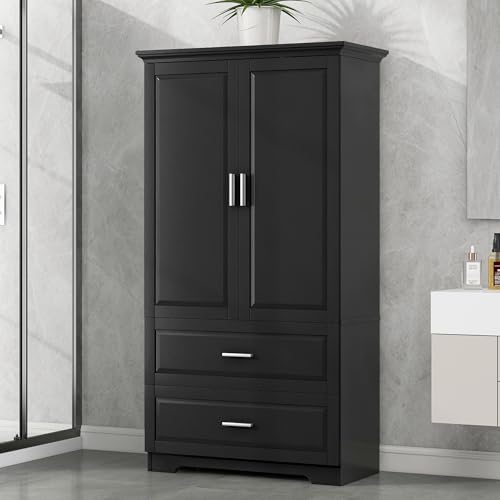 PRINKROOMY Tall Bathroom & Kitchen Pantry Storage Cabinet, Tall Cabinet Organizers with Doors and Drawers,Tall Cabinet for Bathroom, Living Room (Black)