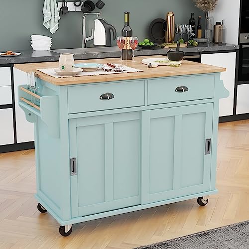 Drop Leaf Kitchen Island, Rolling Kitchen Island Cart on Wheels with Storage, Portable Kitchen Islands with Drawers and Storage Cabinet Door, Large Countertop Island Table for Kitchen (Mint Green)