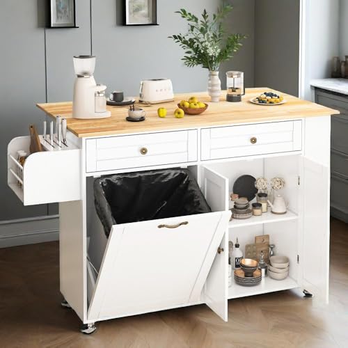 CayugaCrekrd Rolling Kitchen Island with Drop Leaf, Kitchen Island Cart with Trash Storage Cabinet, Kitchen Rolling Island with Spice Rack & Knife Holder, Mobile Island Table for Kitchen, White