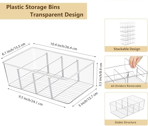 6 Pcs Clear Pantry Organizers and Storage,Plastic Storage Bins for Fridge with Removable Dividers, Kitchen Cabinet Organizers Ideal for Kitchen, Pantry, Refrigerator, Freezer, and Snack Storage