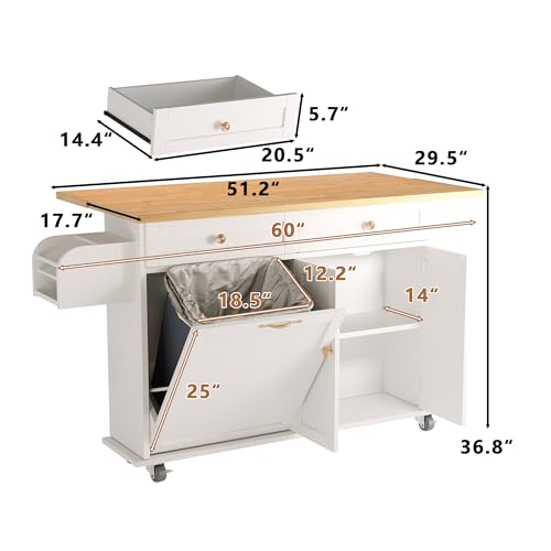 CayugaCrekrd Rolling Kitchen Island with Drop Leaf, Kitchen Island Cart with Trash Storage Cabinet, Kitchen Rolling Island with Spice Rack & Knife Holder, Mobile Island Table for Kitchen, White