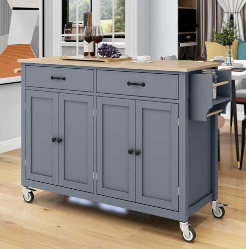 Hennhari Kitchen Island on Wheels Solid Wood Top, Rolling Kitchen Island Cart, Kitchen Cart with Storage Cabinet, Mobile Island Table with Drawers for Kitchen Dining Room (TYPE2 Grey Blue)