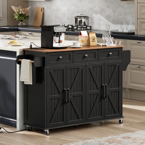 RALGEND Kitchen Island with Drop Leaf & Power Outlet, Rolling Kitchen Island Cart On Wheels, Barn Door Kitchen Island Table with Storage, Island Table for Kitchen, Black and Rustic Brown