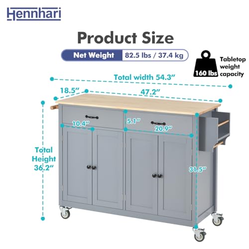 Hennhari Kitchen Island on Wheels Solid Wood Top, Rolling Kitchen Island Cart, Kitchen Cart with Storage Cabinet, Mobile Island Table with Drawers for Kitchen Dining Room (TYPE2 Grey Blue)