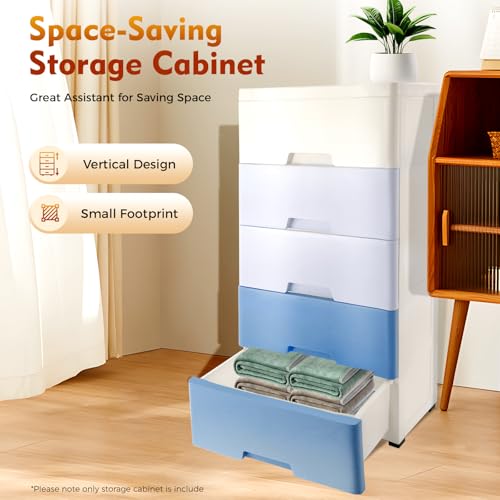 Weglae Plastic Drawers Dresser Storage Cabinet,Bedroom Drawer Organizers,Storage Cabinet,Plastic Closet Dresser,Organizer Unit with 5 Drawers and Wheel for Home