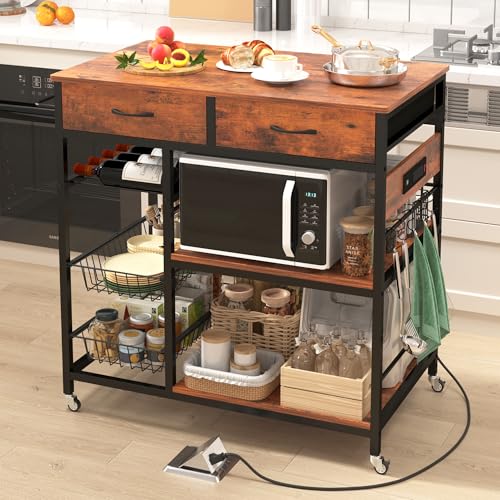 NAIYUFA Kitchen Island with Storage,Industrial Kitchen Island on Wheels,Rolling Kitchen Island Cart with Power Outlet,Modern Island Table for Kitchen with Drawers,Shelves and Baskets,Rustic Brown