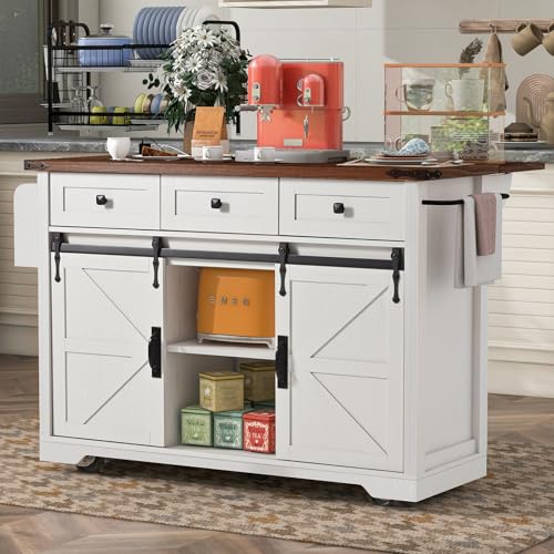 LITVZ Farmhouse Kitchen Island with Power Outlet, Large Rolling Kitchen Island On Wheels with Drop Leaf, Barn Door Kitchen Island Table with Storage Cabinet for Home