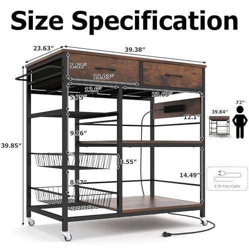 NAIYUFA Kitchen Island with Storage,Industrial Kitchen Island on Wheels,Rolling Kitchen Island Cart with Power Outlet,Modern Island Table for Kitchen with Drawers,Shelves and Baskets,Rustic Brown