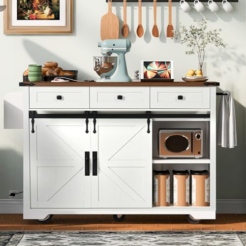 LITVZ Farmhouse Kitchen Island with Power Outlet, Large Rolling Kitchen Island On Wheels with Drop Leaf, Barn Door Kitchen Island Table with Storage Cabinet for Home
