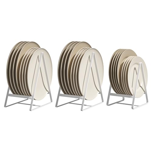 Hikinlichi 2 Large 1 Small Triangle Plate Holders Organizers Upright Cabinet Dish Drying Racks Metal Plate Dish Organizers Racks Stands for Countertop and Cupboard White