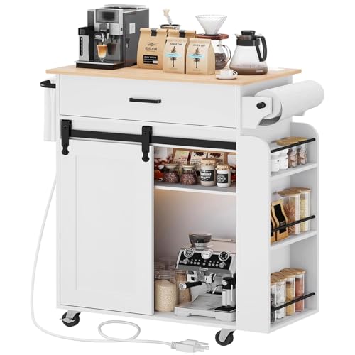 YATINEY Kitchen Island with Storage, Kitchen Storage Cabinets with Charging Station, Kitchen Island on Wheels, Rolling Island Table with Sliding Cabinet Door
