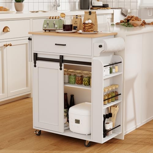YATINEY Kitchen Island with Storage, Kitchen Storage Cabinets with Charging Station, Kitchen Island on Wheels, Rolling Island Table with Sliding Cabinet Door