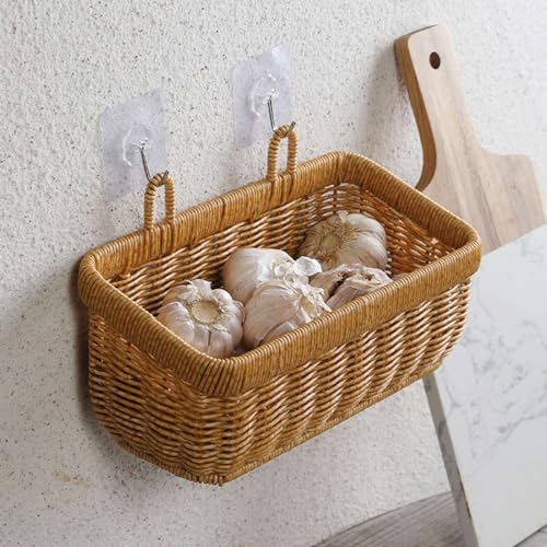 Wicker Hanging Wall Basket, Storage Hanging Baskets for Cabinet, Mount Fruit Vegetable Basket for Kitchen, Adhesive Bathroom Cabinet Organizer, Pantry Organizers and Storage