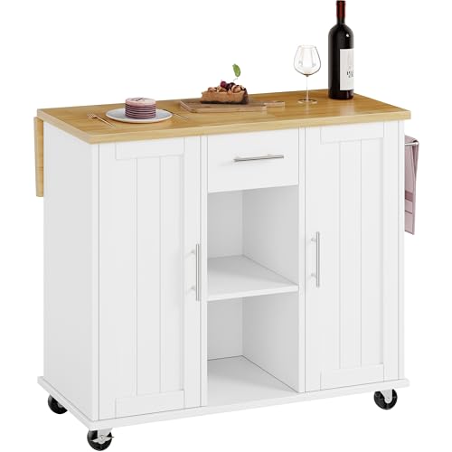SUNLEI Rolling Kitchen Island Cart, Island Table for Kitchen, Farmhouse Kitchen Cart with Drop Leaf & Towel Rack & Drawer, Kitchen Island with Storage, White