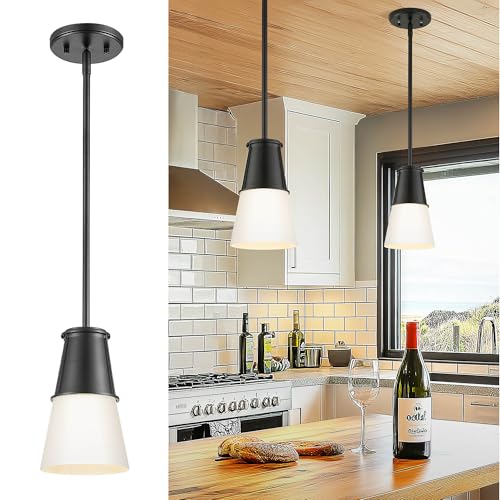 Beionxii Pendant Lights Kitchen Island, Black Pendant Lights Kitchen Island, Kitchen Pendant Lighting Over Island for Sink Dining Room Entryway Bathroom, Milk Glass Shade, BX