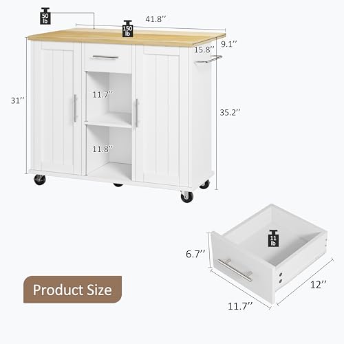 SUNLEI Rolling Kitchen Island Cart, Island Table for Kitchen, Farmhouse Kitchen Cart with Drop Leaf & Towel Rack & Drawer, Kitchen Island with Storage, White