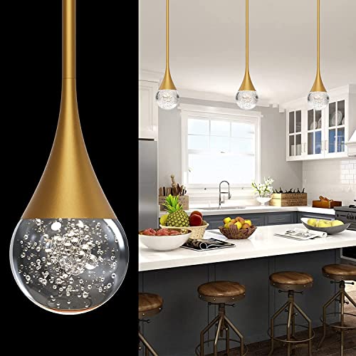 Aoceley Gold Pendant Light for Kitchen Island, Bubble Crystal Pendant Lights LED Kitchen Island Lighting Modern Pendant Light for Kitchen Island Dining Room Bathroom (1-Light)