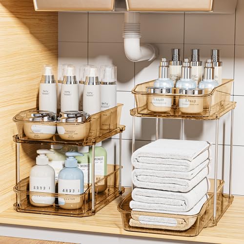 Delamu 2 Sets of 2-Tier Clear Under Sink Organizers and Storage, Multi-Purpose Stackable Bathroom Cabinet Organizers, Amber