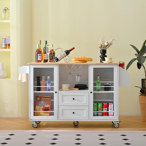 Kitchen Island with Drop Leaf Countertop, Rolling Kitchen Island Cart, Barn Door Kitchen Island Table with Storage Cabinet and Tower Rack, Island Table On Wheels for Kitchen (47.6