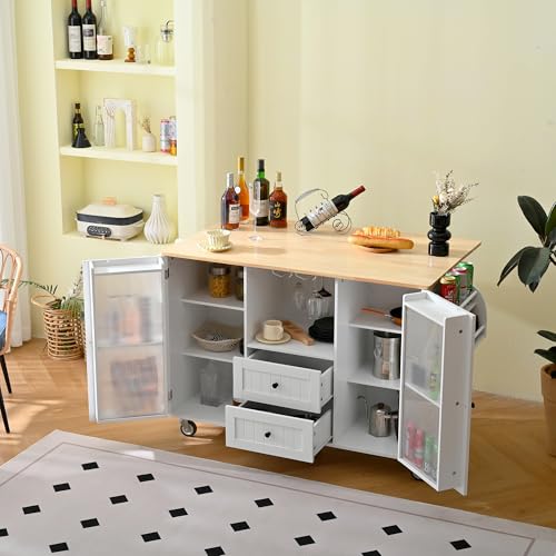 Kitchen Island with Drop Leaf Countertop, Rolling Kitchen Island Cart, Barn Door Kitchen Island Table with Storage Cabinet and Tower Rack, Island Table On Wheels for Kitchen (47.6