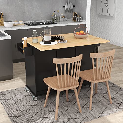 Tomkate 52.7 Inch Rolling Mobile Kitchen Island with Drop Leaf, Kitchen Island Cart on Wheels with 3 Drawers and Storage Cabinet, Island Table for Kitchen (Black)