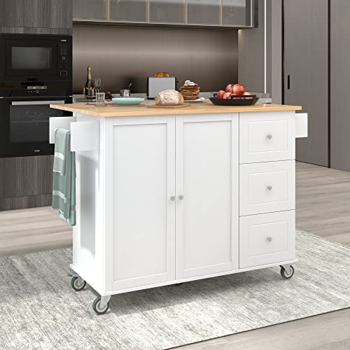 Tomkate 52.7 Inch Rolling Mobile Kitchen Island with Drop Leaf, Kitchen Island Cart on Wheels with 3 Drawers and Storage Cabinet, Island Table for Kitchen (White)