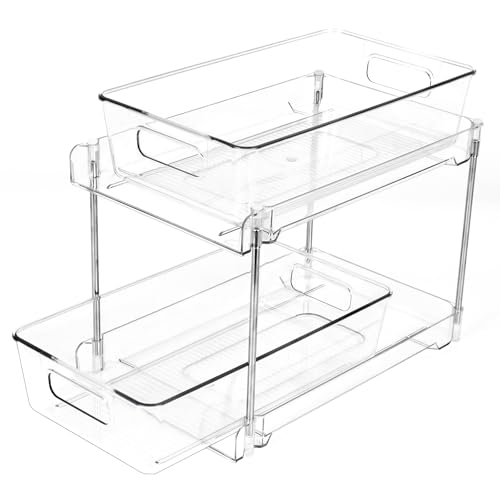 1 Pack 2-Tier Bathroom Organizers and Storage, Clear Under Sink Organizer Vanity Countertop Storage Pantry Organizers, Pull-Out Cabinet Organizer With Track For Bathroom, Kitchen, Pantry