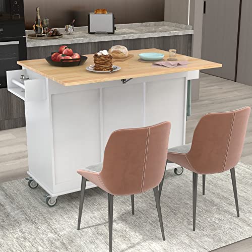 Tomkate 52.7 Inch Rolling Mobile Kitchen Island with Drop Leaf, Kitchen Island Cart on Wheels with 3 Drawers and Storage Cabinet, Island Table for Kitchen (White)