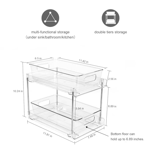 1 Pack 2-Tier Bathroom Organizers and Storage, Clear Under Sink Organizer Vanity Countertop Storage Pantry Organizers, Pull-Out Cabinet Organizer With Track For Bathroom, Kitchen, Pantry