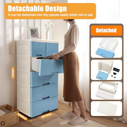 WOQLIBE Dresser Drawer Organizers,Plastic Dresser with 6 Drawers, Tall Lockable Storage Cabinet with Wheel, Dresser Drawer Organizers for Baby Clothing/Bedroom/Playing Room