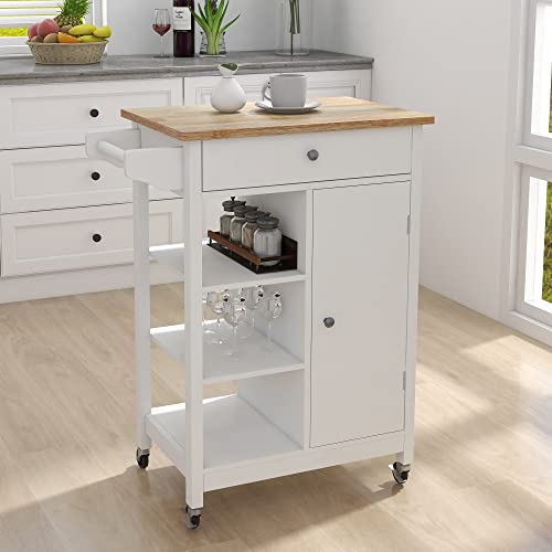 Small Kitchen Island Cart with Storage, Rolling Kitchen Island with Rubber Wood Top, Kitchen Island on Wheels with Drawer, Towel Rack
