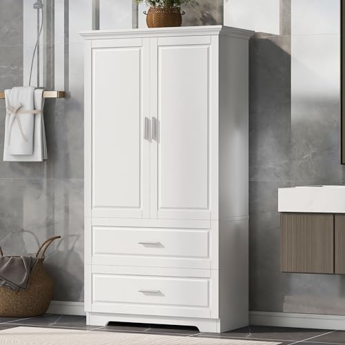 PRINKROOMY Tall Bathroom & Kitchen Pantry Storage Cabinet, Tall Cabinet Organizers with Doors and Drawers,Tall Cabinet for Bathroom, Living Room (White)
