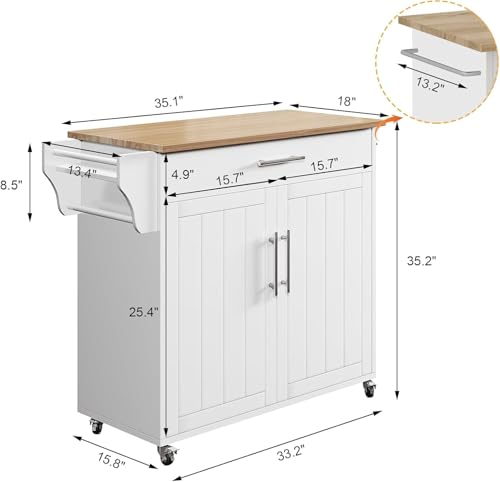 Kitchen Storage Island, Wooden Rolling Kitchen Island On Wheels with Countertop, Mobile Kitchen Island Cart with Towel Rack, Spice Rack and Drawers, White