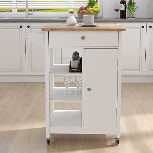 Small Kitchen Island Cart with Storage, Rolling Kitchen Island with Rubber Wood Top, Kitchen Island on Wheels with Drawer, Towel Rack