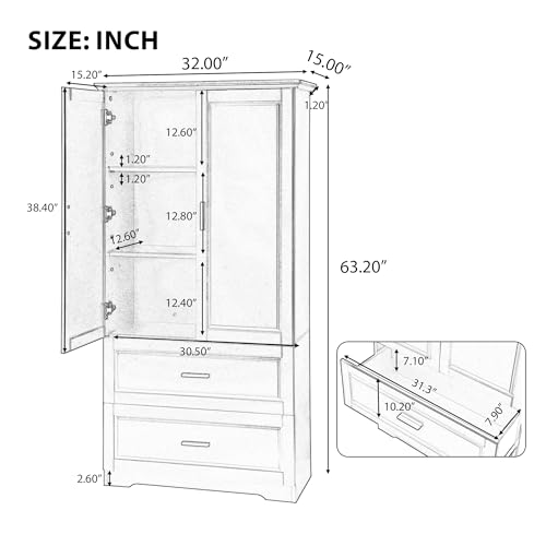 PRINKROOMY Tall Bathroom & Kitchen Pantry Storage Cabinet, Tall Cabinet Organizers with Doors and Drawers,Tall Cabinet for Bathroom, Living Room (White)