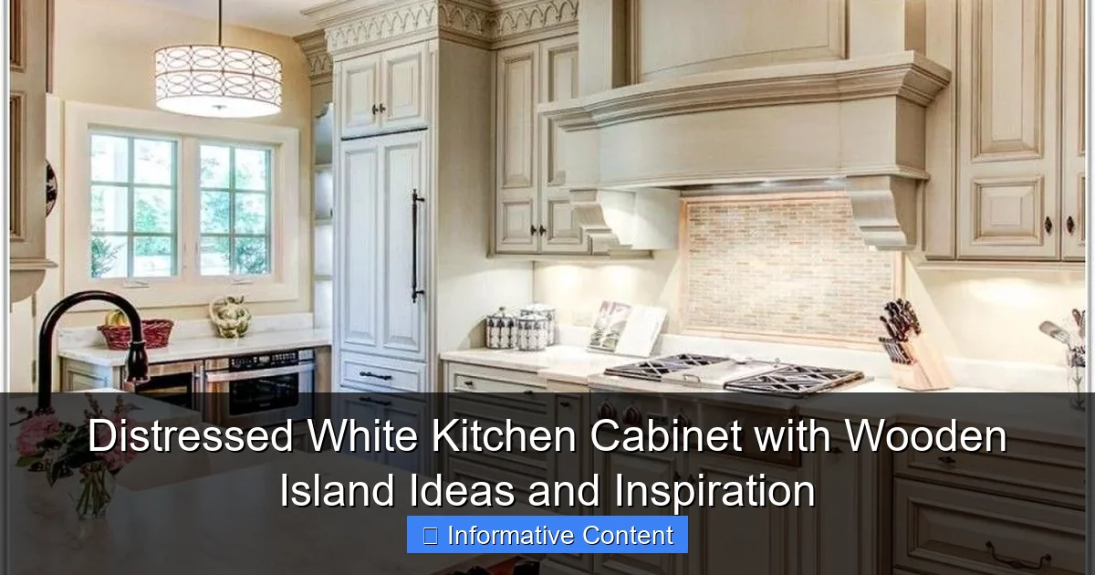 Distressed White Kitchen Cabinet with Wooden Island Ideas and Inspiration